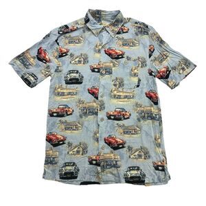Joe Marlin Hawaiian Shirt Mens Medium M Blue Classic Cars Short Sleeve Button Up
